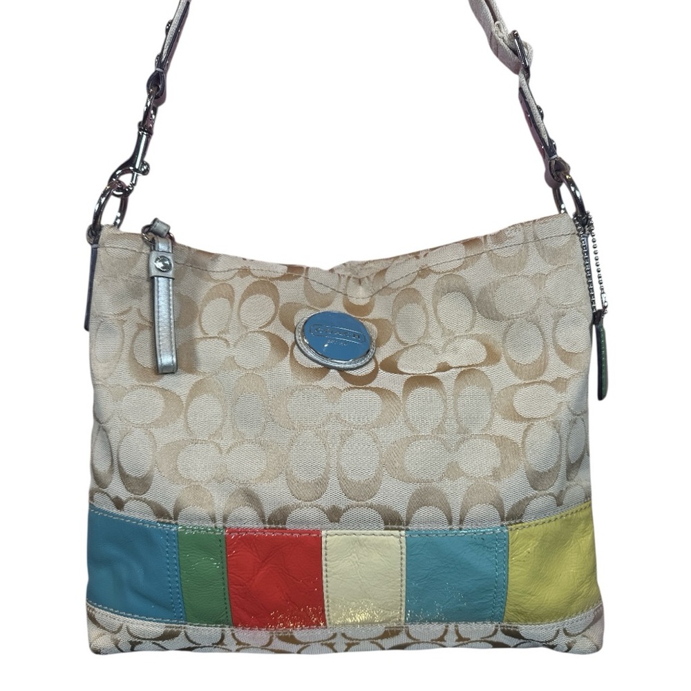 COACH Signature C Jacquard Tan Patchwork Stripe Shoulder Bag EUC - Picture 14 of 14